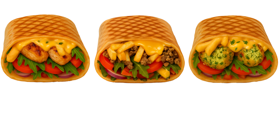 French Tacos bei Savos: Mit fleisch oder auch vegan. Drei French Tacos München mit verschiedenen Füllungen: Hähnchen, Rind und Falafel – mit Fleisch, vegetarisch, oder vegan: Alles 100% Halal